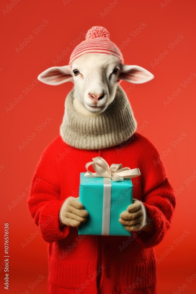 Sheep wearing a red sweater christmas portrait holding. Sheep wearing a red sweater christmas portrait holding.