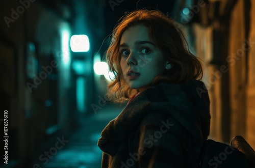 Young woman feeling scared walking alone in a dark alley at night