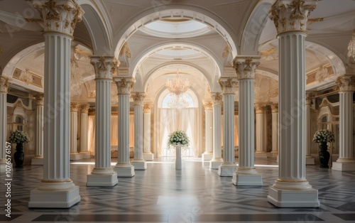 A large, empty room with white pillars and a chandelier