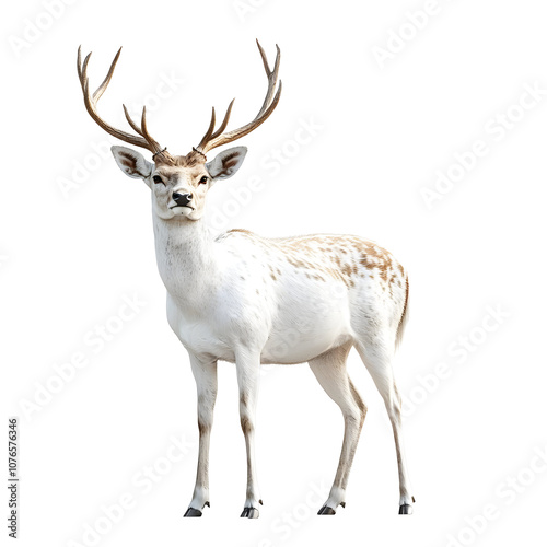 White fallow deer with antlers standing isolated on a transparent background.