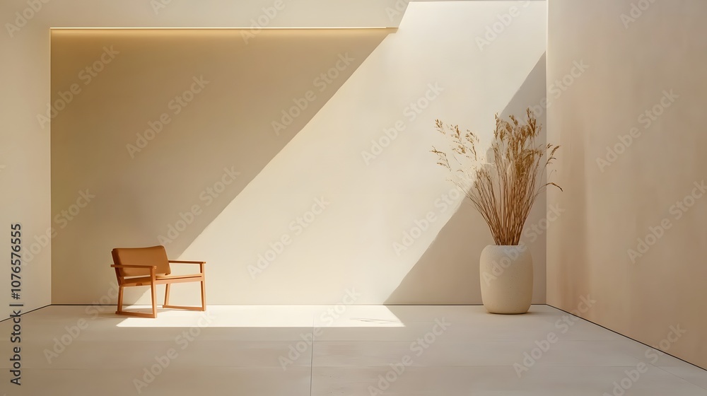 Fototapeta premium Modern minimalist interior with soft lighting and simple furniture, no additional decoration, 8K