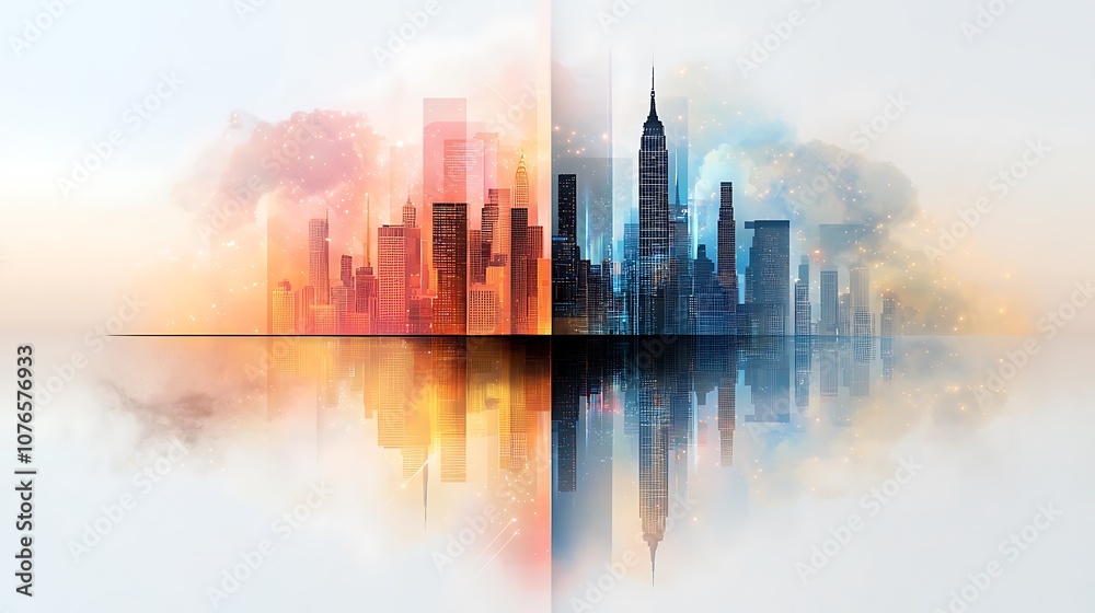 Fototapeta premium The colorful abstract city skyline is depicted through a dynamic collage of geometric shapes and patterns, illuminated by vibrant bursts of neon and pastel light effects that dance across the canvas