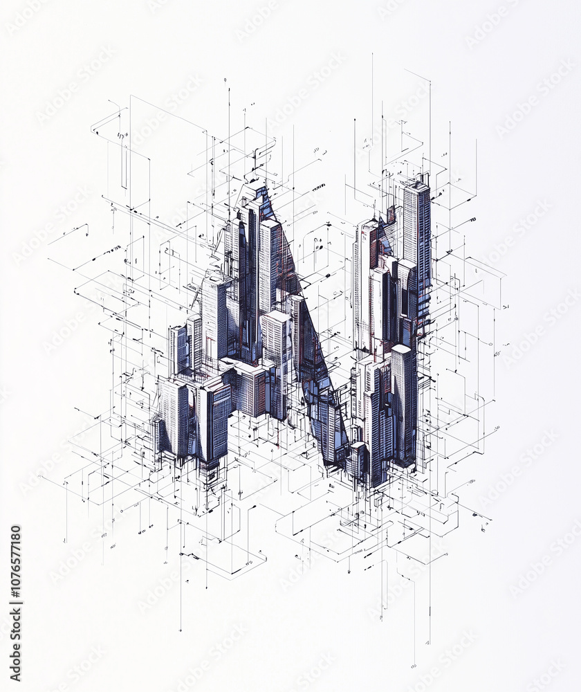 Fototapeta premium Stylized cityscape showcasing modern architecture intertwined with digital elements.