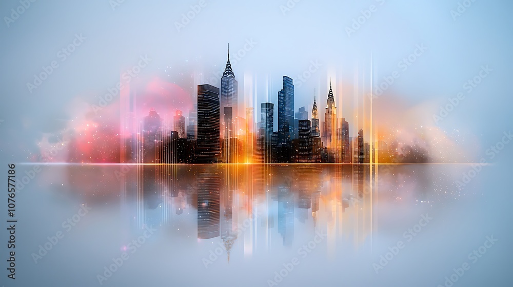 The colorful abstract city skyline is depicted through a dynamic collage of geometric shapes and patterns, illuminated by vibrant bursts of neon and pastel light effects that dance across the canvas The colorful abstract city skyline is depicted through a dynamic collage of geometric shapes and patterns, illuminated by vibrant bursts of neon and pastel light effects that dance across the canvas