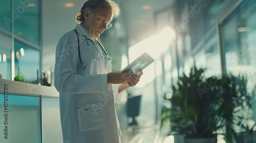 The doctor, surrounded by other specialists, is concentrating on using a tablet, demonstrating modern technologies and the role of artificial intelligence in medicine.