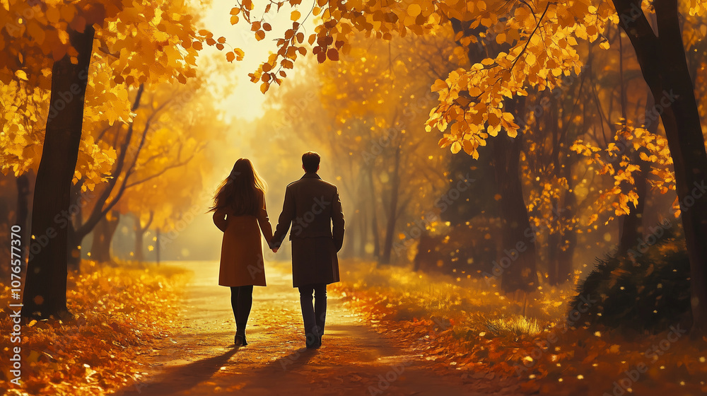Obraz premium A couple walks hand in hand through a scenic autumn landscape filled with golden leaves.