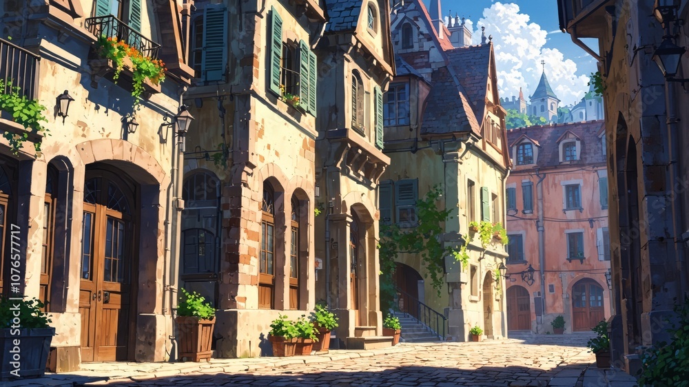 Charming European Street in Fairytale Anime Style Charming European Street in Fairytale Anime Style