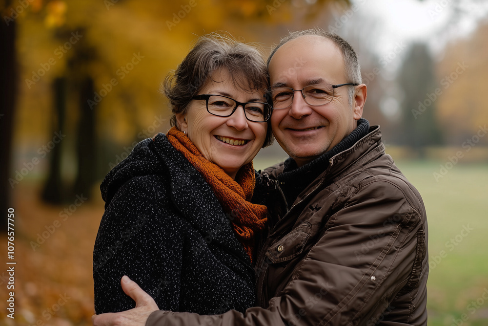 Fototapeta premium A joyful couple embracing in an autumn park with vibrant foliage.