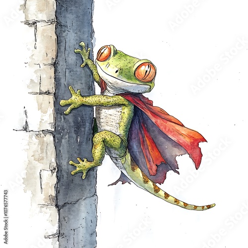 A brave frog climbs to great heights wearing a colorful cape and showcasing its heroic spirit