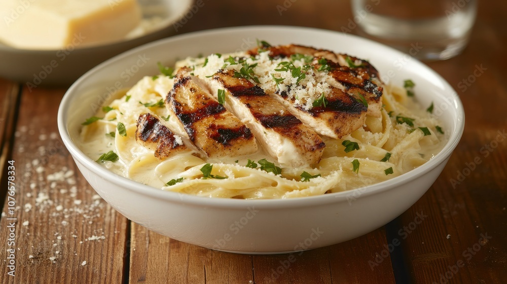 A beautifully plated dish featuring a juicy grilled chicken breast atop creamy Alfredo pasta, garnished with fresh herbs and Parmesan cheese, creating a rich culinary experience. A beautifully plated dish featuring a juicy grilled chicken breast atop creamy Alfredo pasta, garnished with fresh herbs and Parmesan cheese, creating a rich culinary experience.