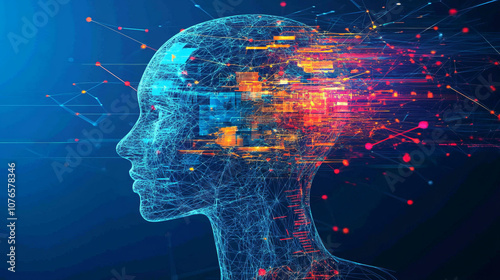 An abstract face made in the form of digital lines and dots symbolizes high technology and intelligence in the context of the modern world and AI.