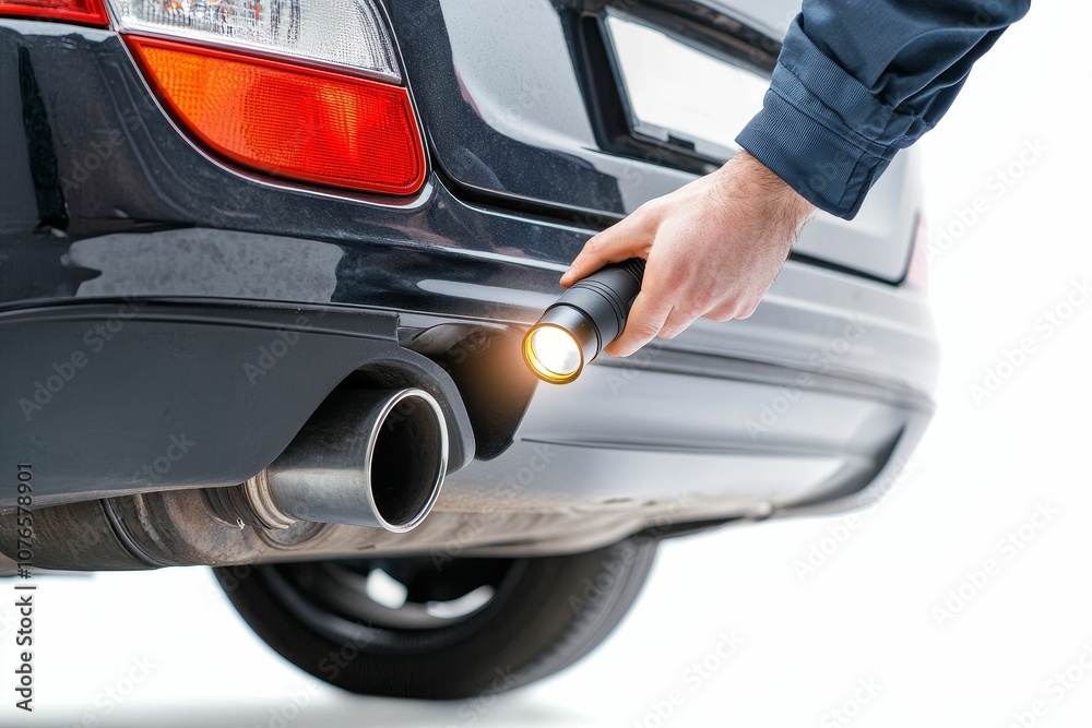 A mechanic inspecting a car's exhaust. A mechanic inspecting a car's exhaust.