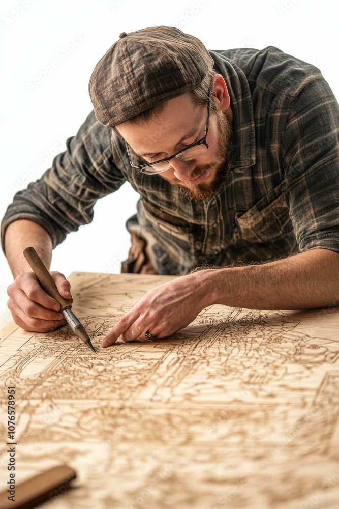 Man engraving wood with a tool. Man engraving wood with a tool.