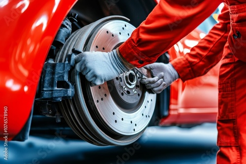 Mechanic working on red car brake system. photo
