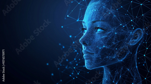 An abstract image of a human face, created from blue lines, emphasizes the theme of the relationship between technology and human intelligence.