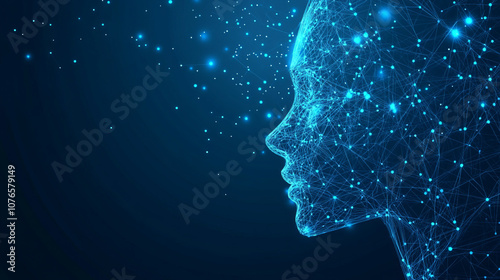 A digital portrait made using blue nets and dots depicts a person's face in profile, symbolizing technological progress and artificial intelligence.