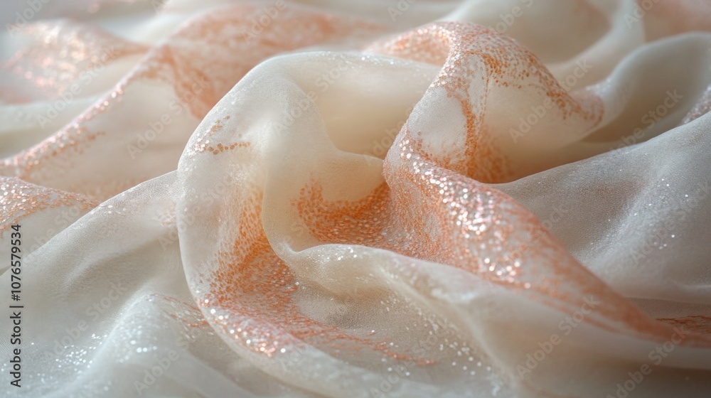 Elegant Satin Fabric with Sparkling Detail in Soft Peach Tones Elegant Satin Fabric with Sparkling Detail in Soft Peach Tones