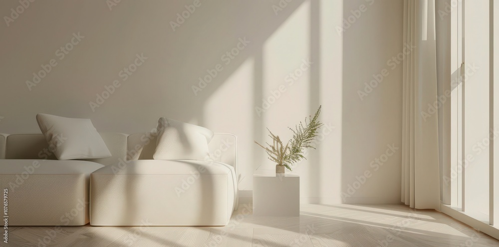 Minimalist living room with a white couch. a vase of dried flowers. and sunlight streaming through the window Minimalist living room with a white couch. a vase of dried flowers. and sunlight streaming through the window