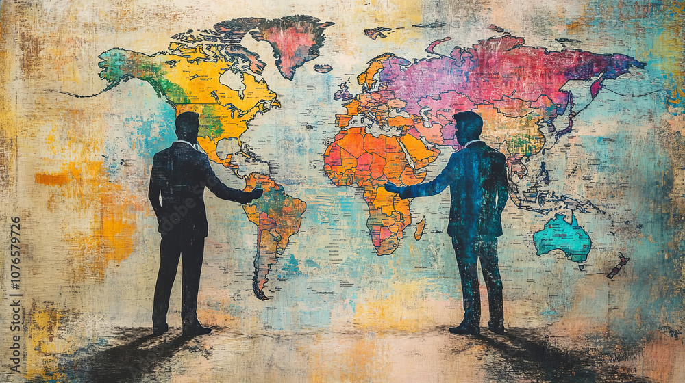 Fototapeta premium The photo shows the silhouettes of two people shaking hands against the background of a colorful world map. The painting symbolizes international cooperation and global connections.