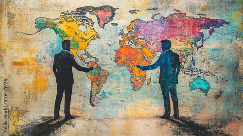 The photo shows the silhouettes of two people shaking hands against the background of a colorful world map. The painting symbolizes international cooperation and global connections.