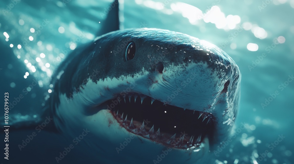 Naklejka premium A close-up of a shark face as it glides through the water