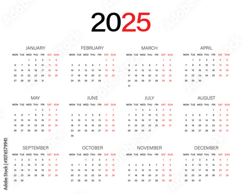calendar for year 2025. simple calendar for print, diary, app, website, ui, sticker, design element. transparent png and vector illustration.