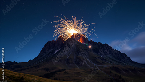 Un fulmine ramificato colpisce una montagna, creando un'immagine drammatica nel paesaggio. photo