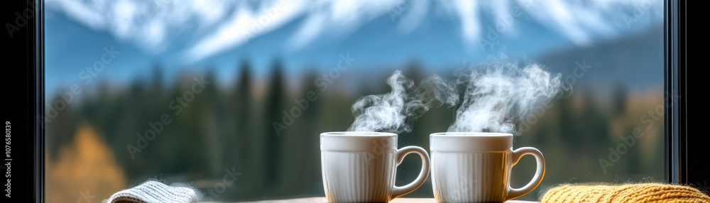 Two steaming cups of coffee are placed on a table by a window, with a stunning mountain view and forest backdrop creating a cozy atmosphere. Two steaming cups of coffee are placed on a table by a window, with a stunning mountain view and forest backdrop creating a cozy atmosphere.
