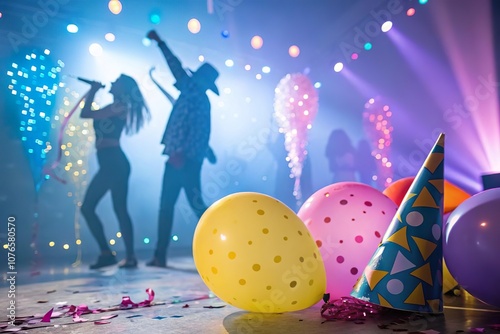 Bunte Party mit Ballons und feiernden Menschen in stimmungsvoller Beleuchtung photo