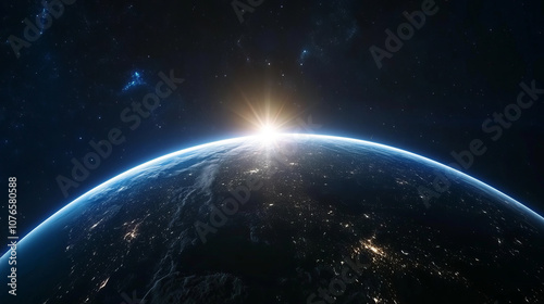 A midnight view of the Earth with sparkling city lights, the soft blue light of the atmosphere and the boundlessness of space around.