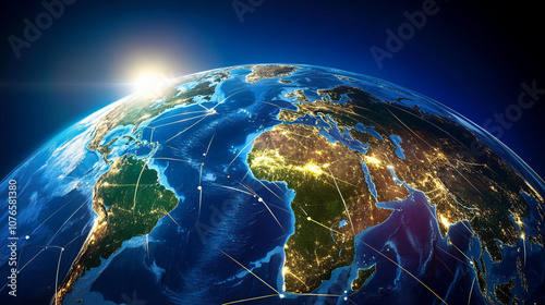 A space panorama with the Earth, half of which is shrouded in night darkness with lights, and the other is flooded with soft light, which emphasizes its scale and details.