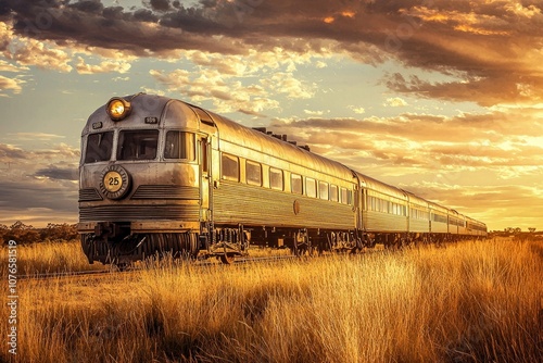 A vintage-style train with elegant silver and gold carriages, captured in the golden hour light of sunset on an Australian countryside landscape. 