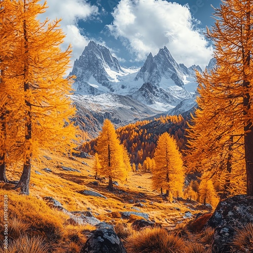 A picturesque autumn mountain view highlighted by golden larch trees, set under a clear blue sky
