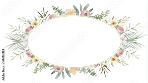 Watercolor floral frame. Hand painted flowers, leaves and branches isolated on white background.