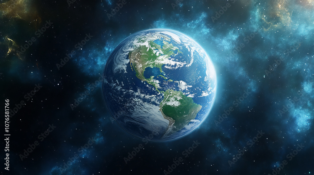 Obraz premium The image of the Earth illuminated by the light of cities, the blue of the oceans and the soft glow of the atmosphere create a spectacular view of the night planet.