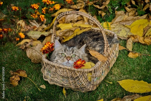 Siberian kitten lies in a wicker basket among autumn leaves and flowers, everything is placed on the grass.