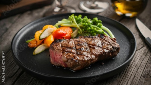 Grilled steak with vegetables on black plate