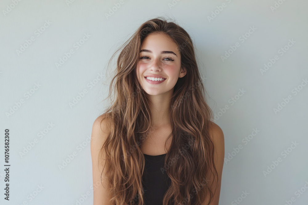Smiling Young Woman With Long Wavy Hair in Casual Outfit Against Light Background Smiling Young Woman With Long Wavy Hair in Casual Outfit Against Light Background