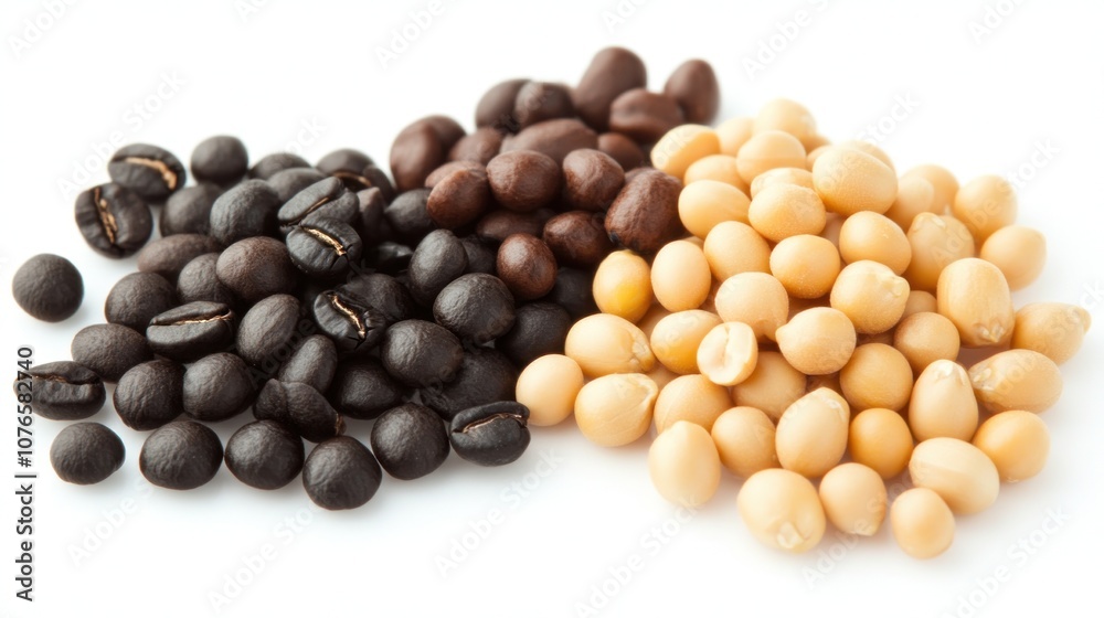 A variety of raw and roasted coffee beans alongside soybeans, showcasing different textures. A variety of raw and roasted coffee beans alongside soybeans, showcasing different textures.