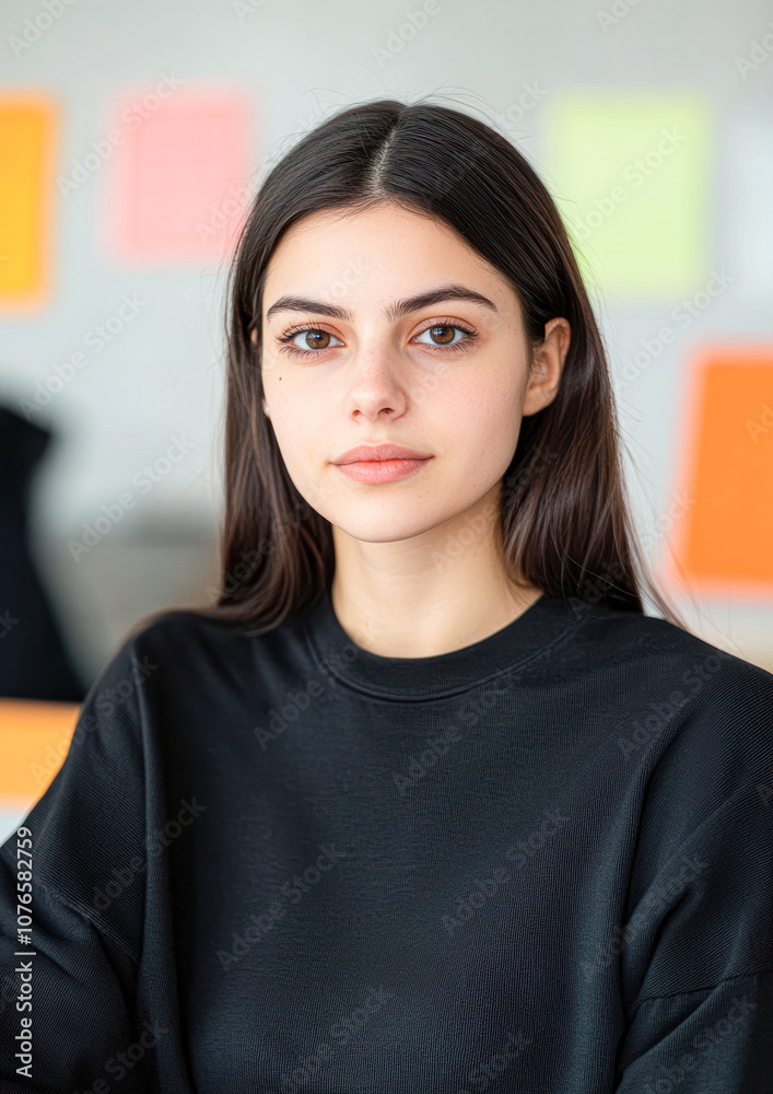 Young woman showcases modern professional style in office environment Young woman showcases modern professional style in office environment