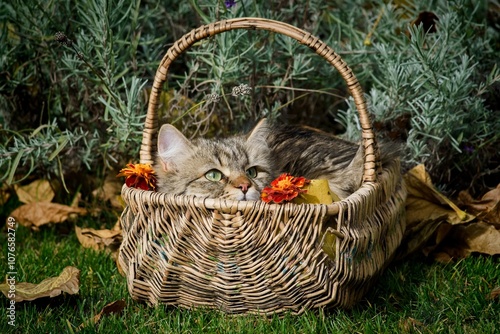 Siberian kitten lies in a wicker basket among autumn leaves and flowers, everything is placed on the grass.