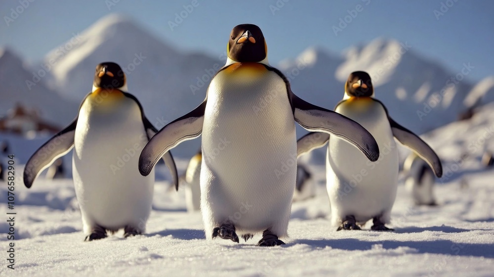 Fototapeta premium A group of penguins waddling across the snow under a clear sky