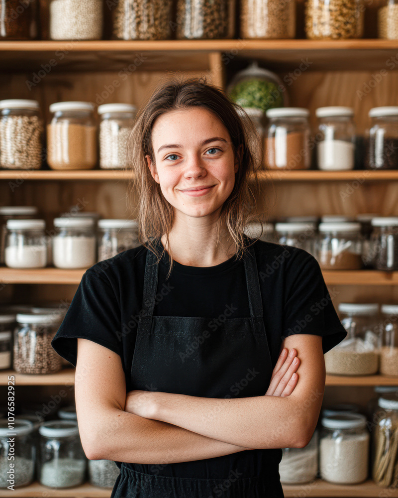 Young woman smiling in a cozy storefront filled with jars Young woman smiling in a cozy storefront filled with jars