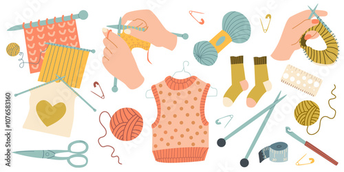 Knitting tools set. Hands are tied with a product. Ball of wool, Knitting needles and Knitted patterns collection. Excellent cozy hobby in home environment. Flat vector illustration.