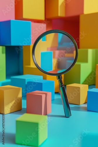 Flatview of a 3D rendering of a magnifying glass with a colored wooden blocks background photo