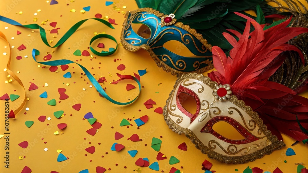Fototapeta premium Brazilian Carnival Masks and Confetti Flat Lay - Vibrant Colors and Festive Atmosphere for Celebrations