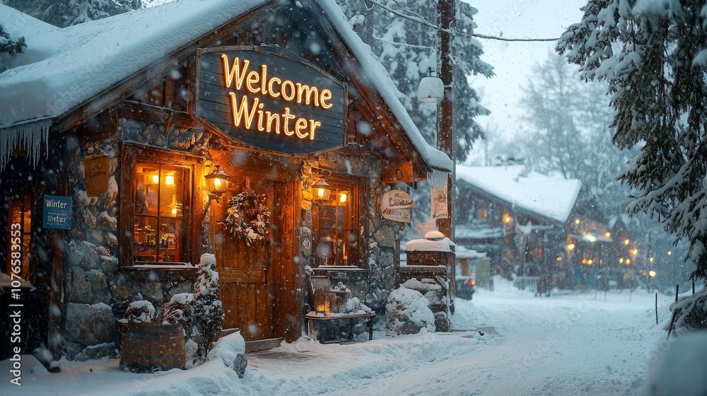 Fototapeta premium Picturesque Snowy Mountain Lodge Welcoming Winter Visitors with Cozy Atmosphere and Charming Snow-Covered Surroundings Perfect for Holiday Getaways
