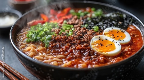 A steaming bowl of ramen with ground beef, soft boiled eggs, red pepper, and green onions.