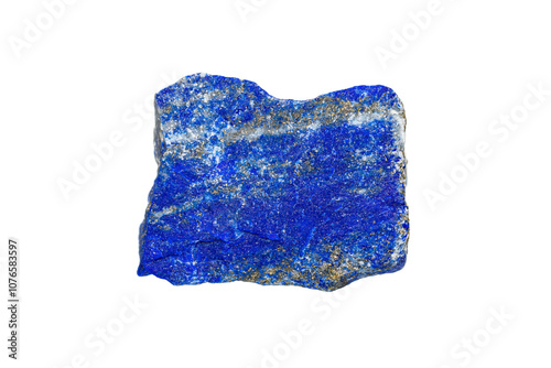 Natural rough Lapis lazuli gemstone on white background, semi-precious stone that contain Lazurite, Sodalite, Calcite and Pyrite mineral (selective focus) photo