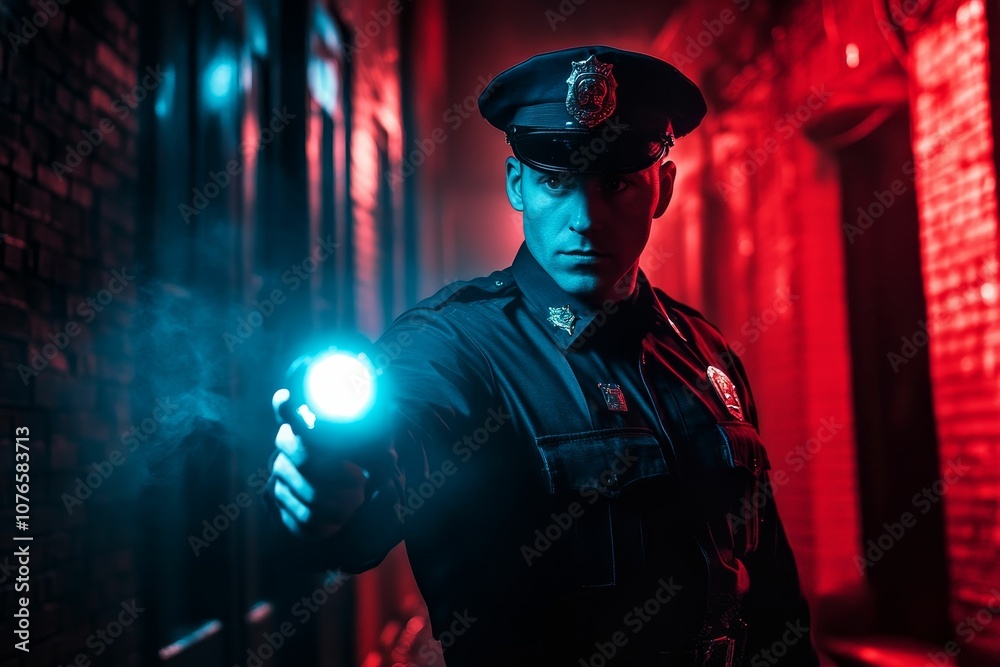 Police officer in a dark alley with a flashlight. Police officer in a dark alley with a flashlight.